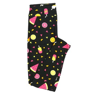 LuLaRoe One Size OS Fruit Slices Popsicles Watermelon Triangles Polka Dots Black Yellow Leggings fits Adult sizes 2-10 for Women OS-4405-G4