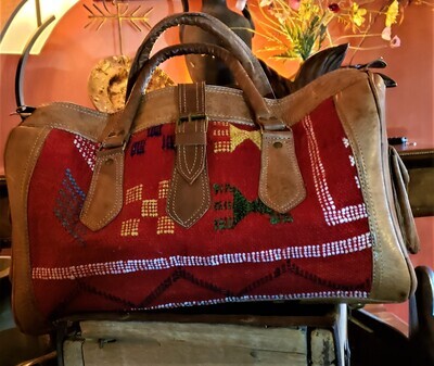 Red Kilim and Leather Travel Bag