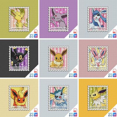 Eevee evolution - set of 9 mini postage stamp cross stitch pattern