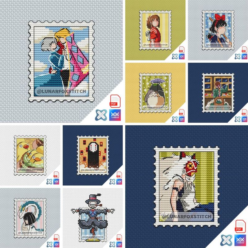 Anime - set of 10 mini postage stamp cross stitch pattern