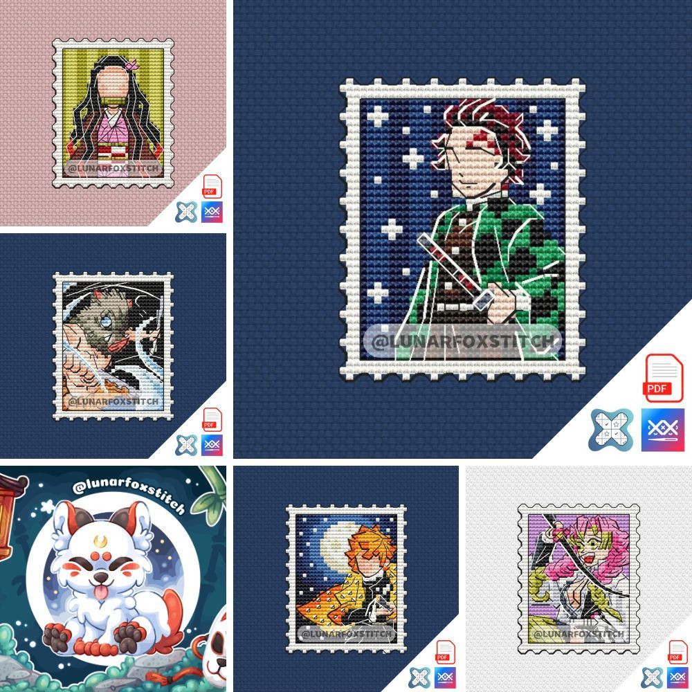 Anime - set of 5 mini postage stamp cross stitch pattern