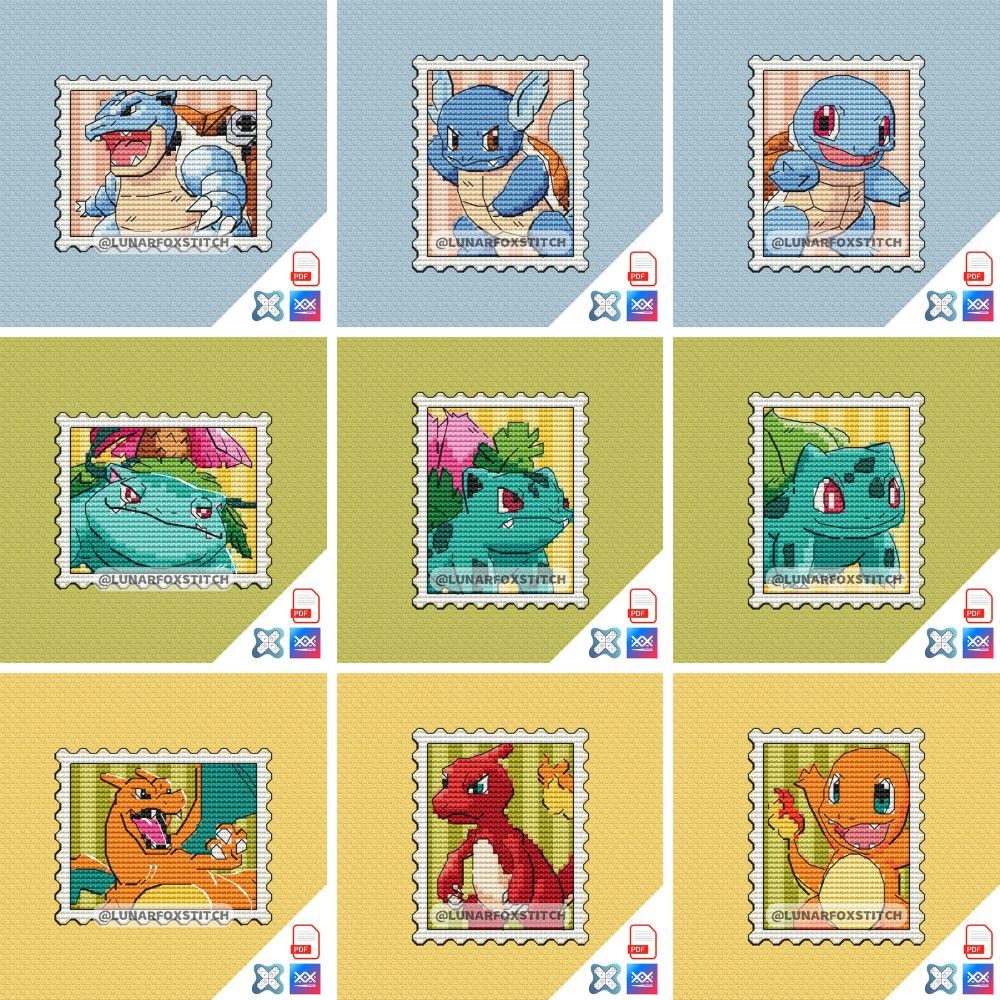 Fire, grass and water monsters - set of 9 mini postage stamp cross stitch pattern