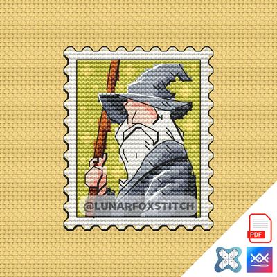 Grey wizard mini postage stamp cross stitch pattern