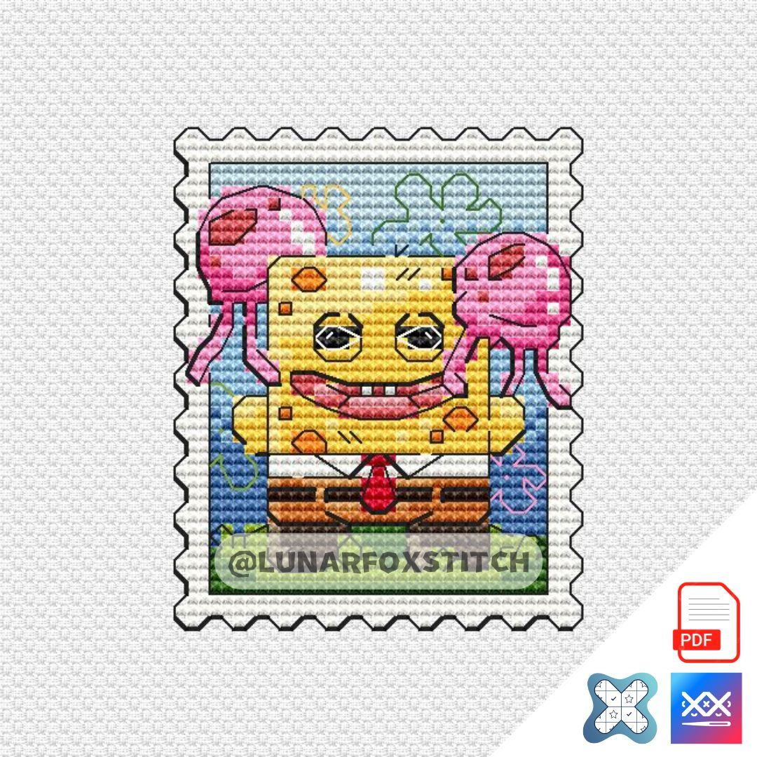 Yellow furry monster and burger mini postage stamp cross stitch pattern
