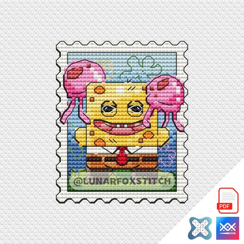 Yellow furry monster and burger mini postage stamp cross stitch pattern