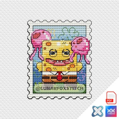 Yellow furry monster and burger mini postage stamp cross stitch pattern