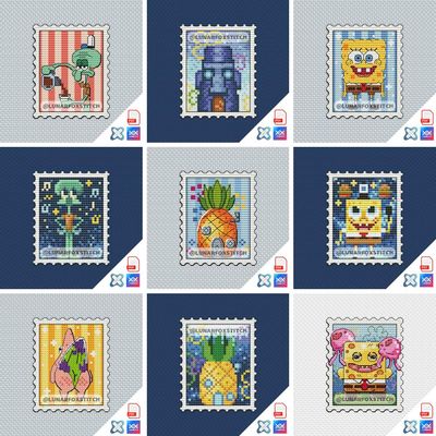 Yellow sponge - set of 9 mini postage stamp cross stitch pattern