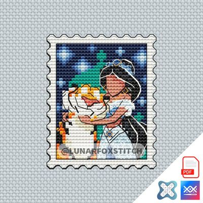 Arabian princess and tiger mini postage stamp cross stitch pattern