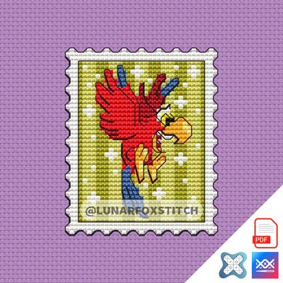 Red parrot mini postage stamp cross stitch pattern