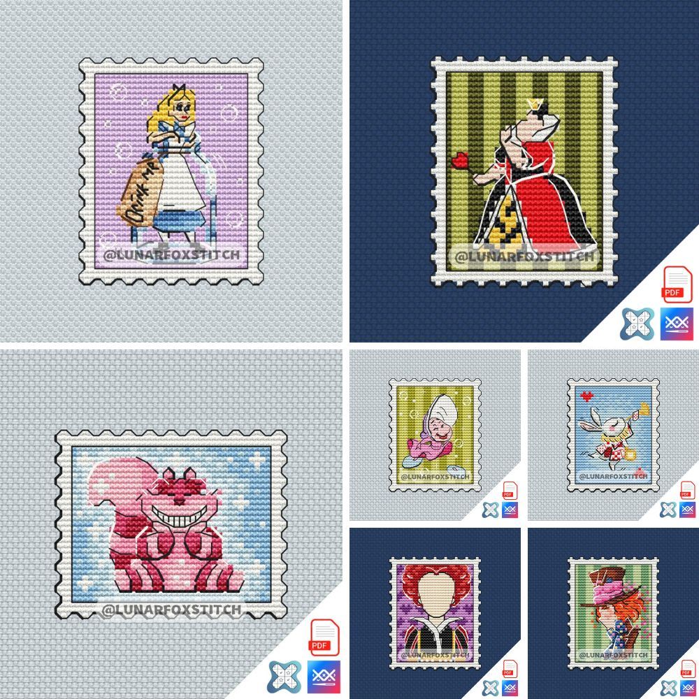 Alice - set of 7 mini postage stamp cross stitch pattern