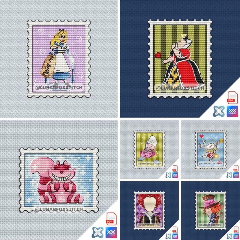 Alice - set of 7 mini postage stamp cross stitch pattern