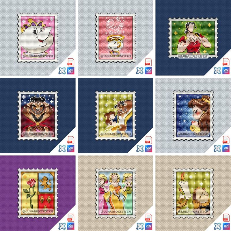 Princess and beast - set of 9 mini postage stamp cross stitch pattern