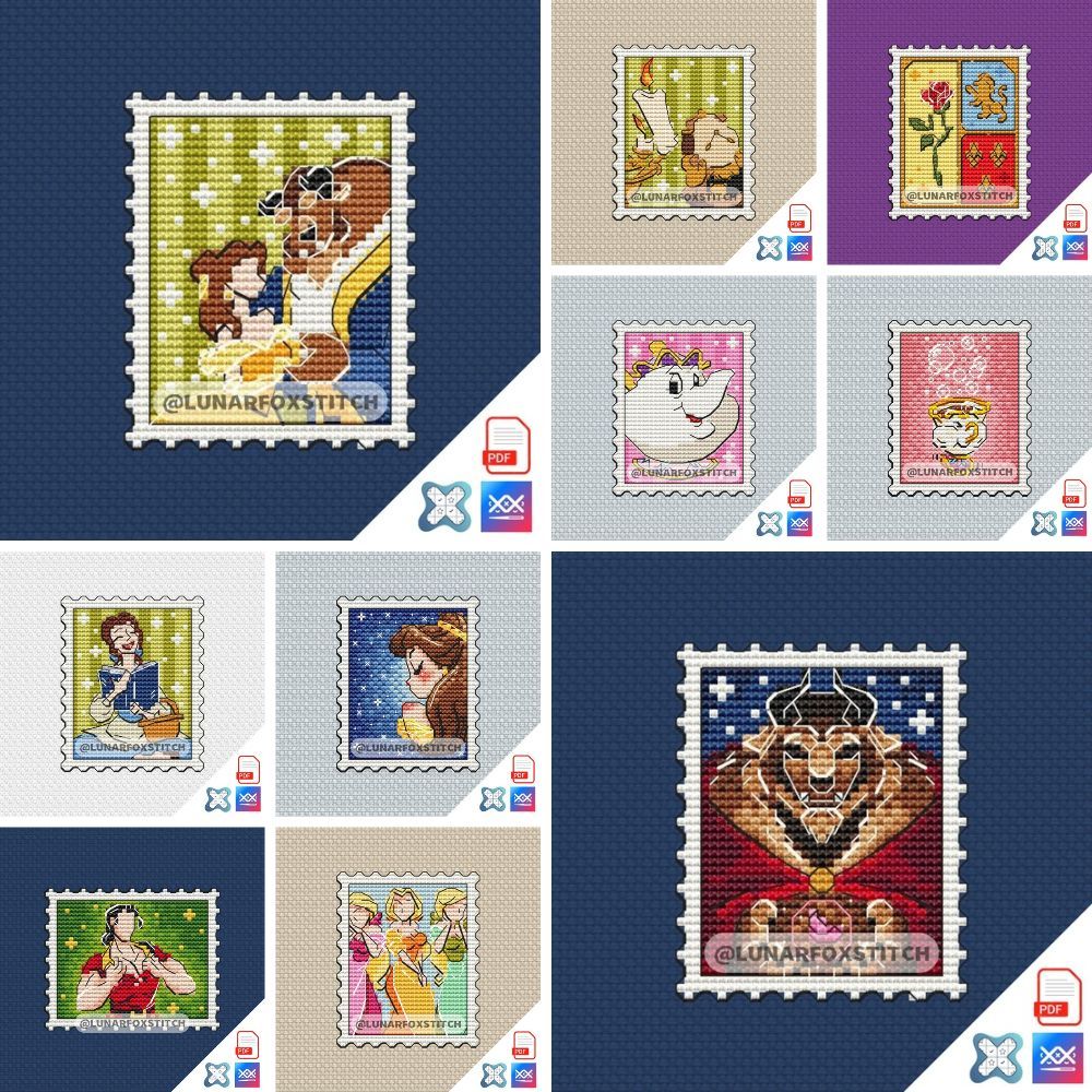 Princess and beast - set of 10 mini postage stamp cross stitch pattern