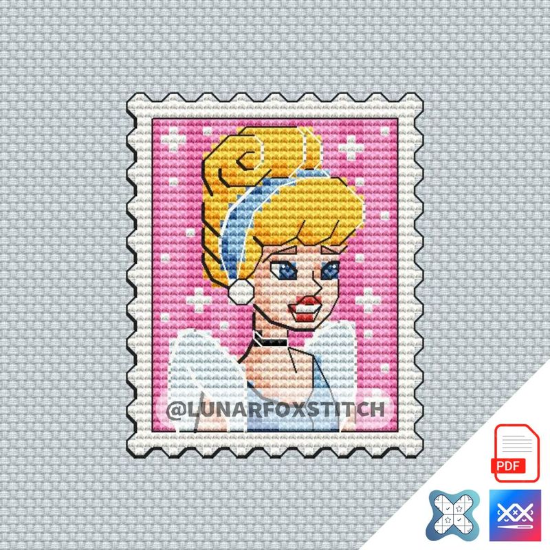 Princess in blue dress mini postage stamp cross stitch pattern