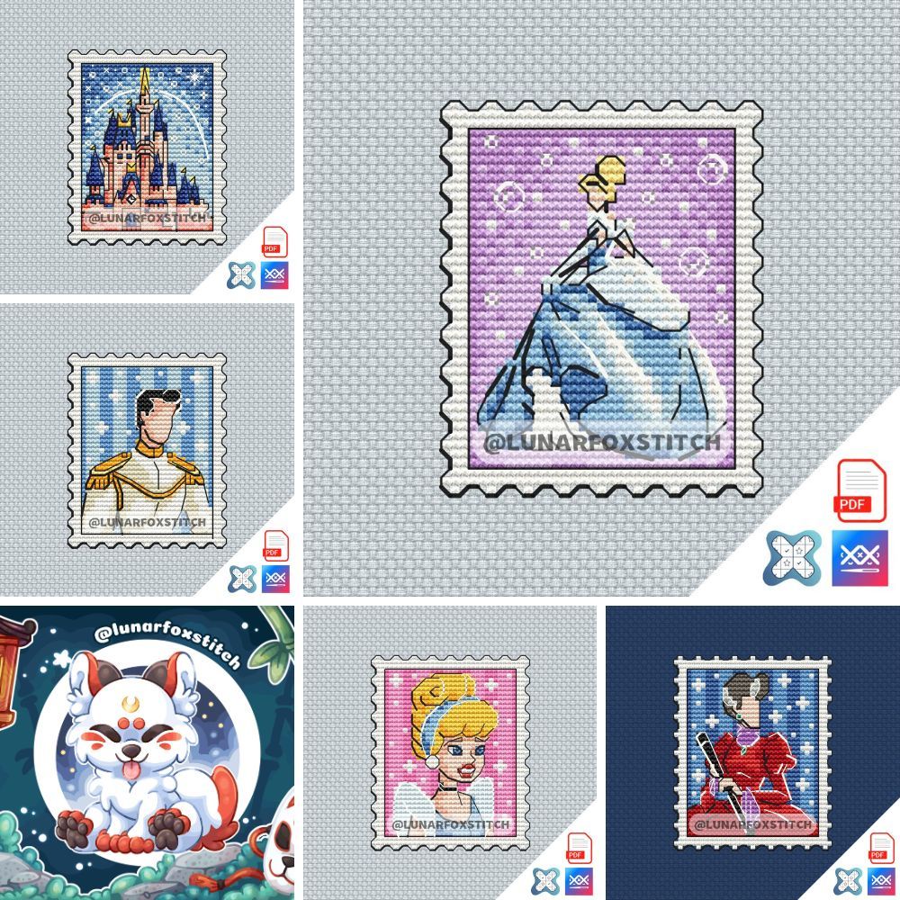 Princess in blue dress - set of 5 mini postage stamp cross stitch pattern