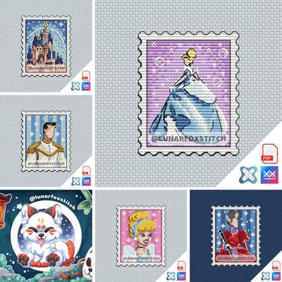 Princess in blue dress - set of 5 mini postage stamp cross stitch pattern