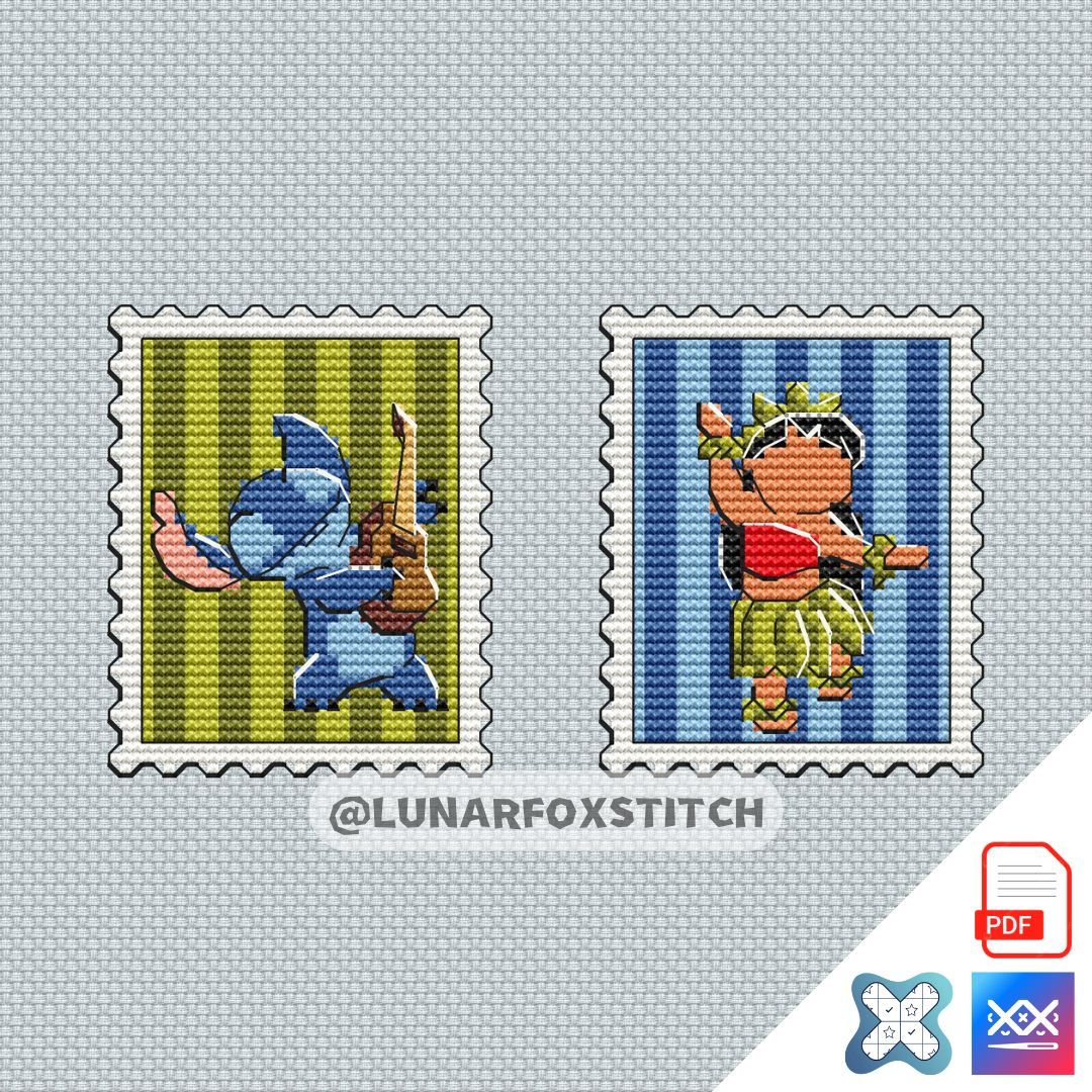 Blue chibi and hawaiian girl mini postage stamp cross stitch pattern
