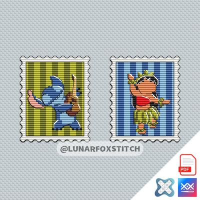 Blue chibi and hawaiian girl mini postage stamp cross stitch pattern