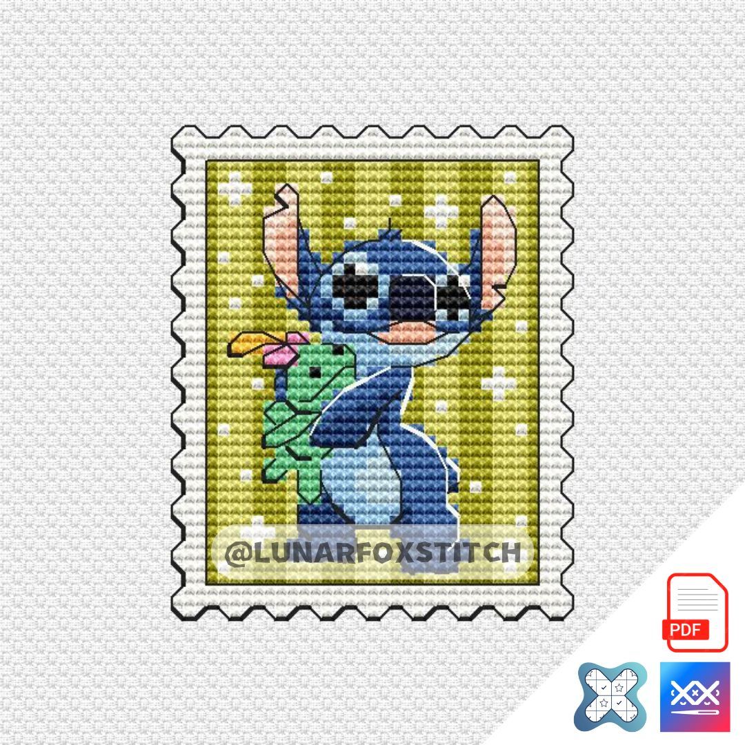 Blue chibi dog with a toy mini postage stamp cross stitch pattern