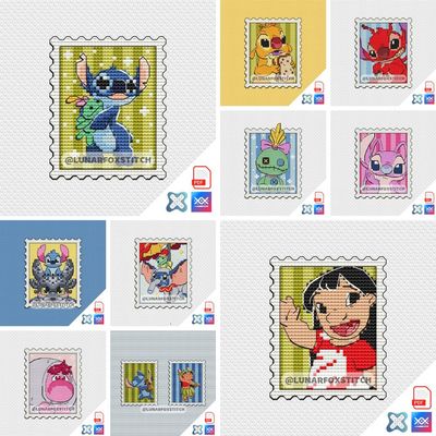 Blue dog and hawaiian girl - set of 10 mini postage stamp cross stitch pattern