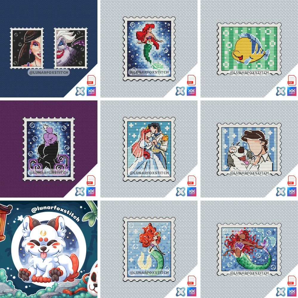 Mermaid - set of 8 mini postage stamp cross stitch pattern