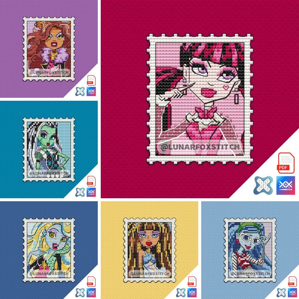 Halloween girls - set of 6 mini postage stamp cross stitch pattern