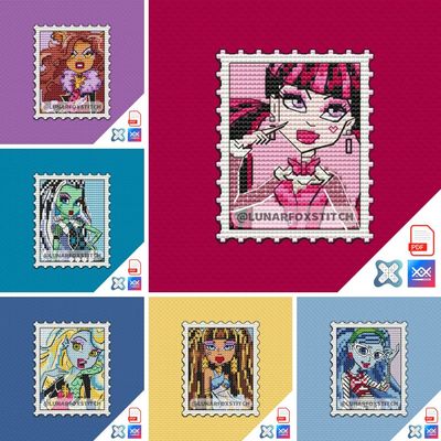 Halloween girls - set of 6 mini postage stamp cross stitch pattern