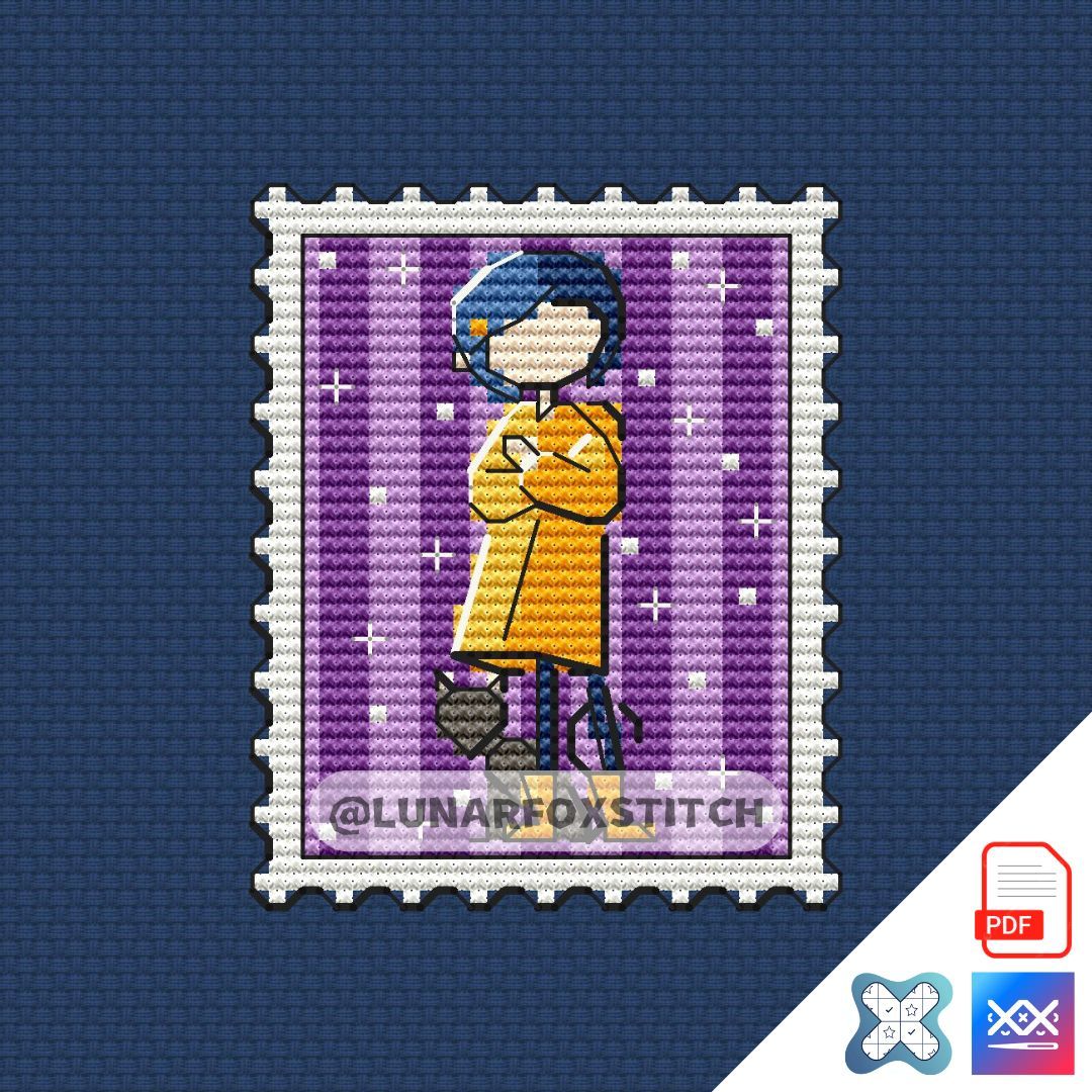 Blue hair girl mini postage stamp cross stitch pattern