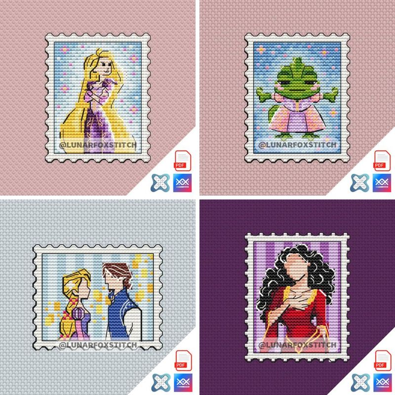 Long hair princess - set of 4 mini postage stamp cross stitch pattern