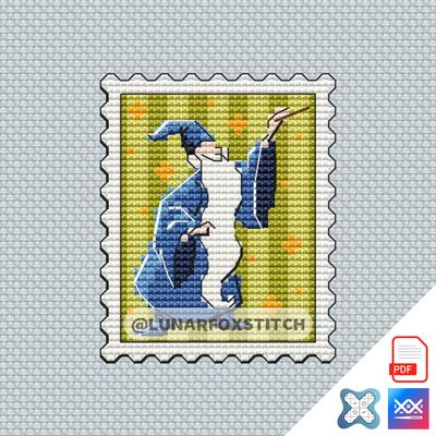 Blue wizard mini postage stamp cross stitch pattern