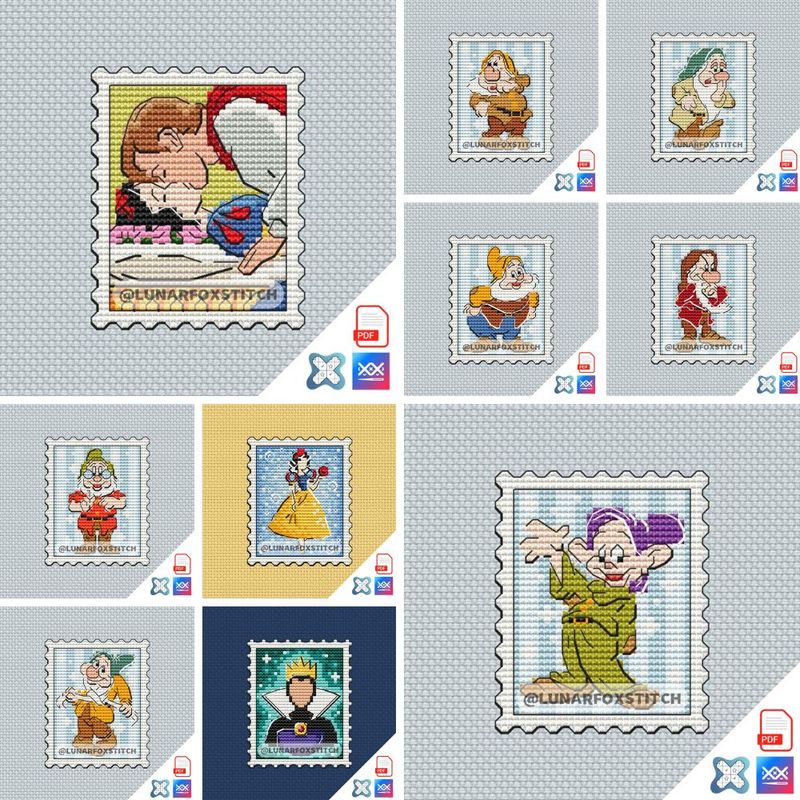 Princess and dwarfs - set of 10 mini postage stamp cross stitch pattern