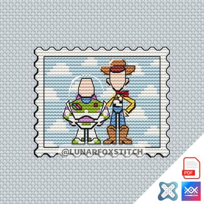 Cowboy and robot girl mini postage stamp cross stitch pattern