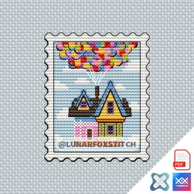 House and balloons mini postage stamp cross stitch pattern