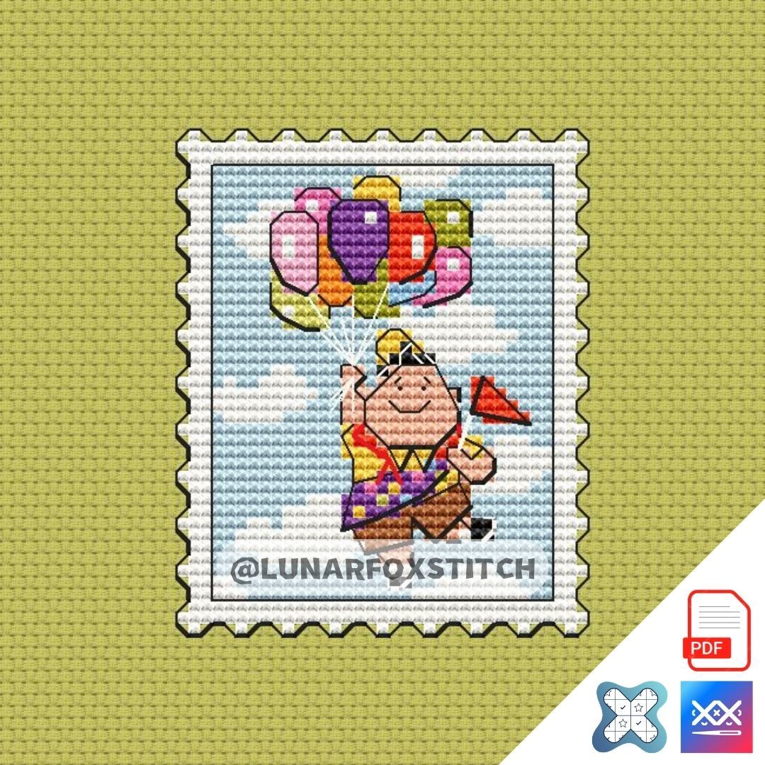 Boy and balloons mini postage stamp cross stitch pattern