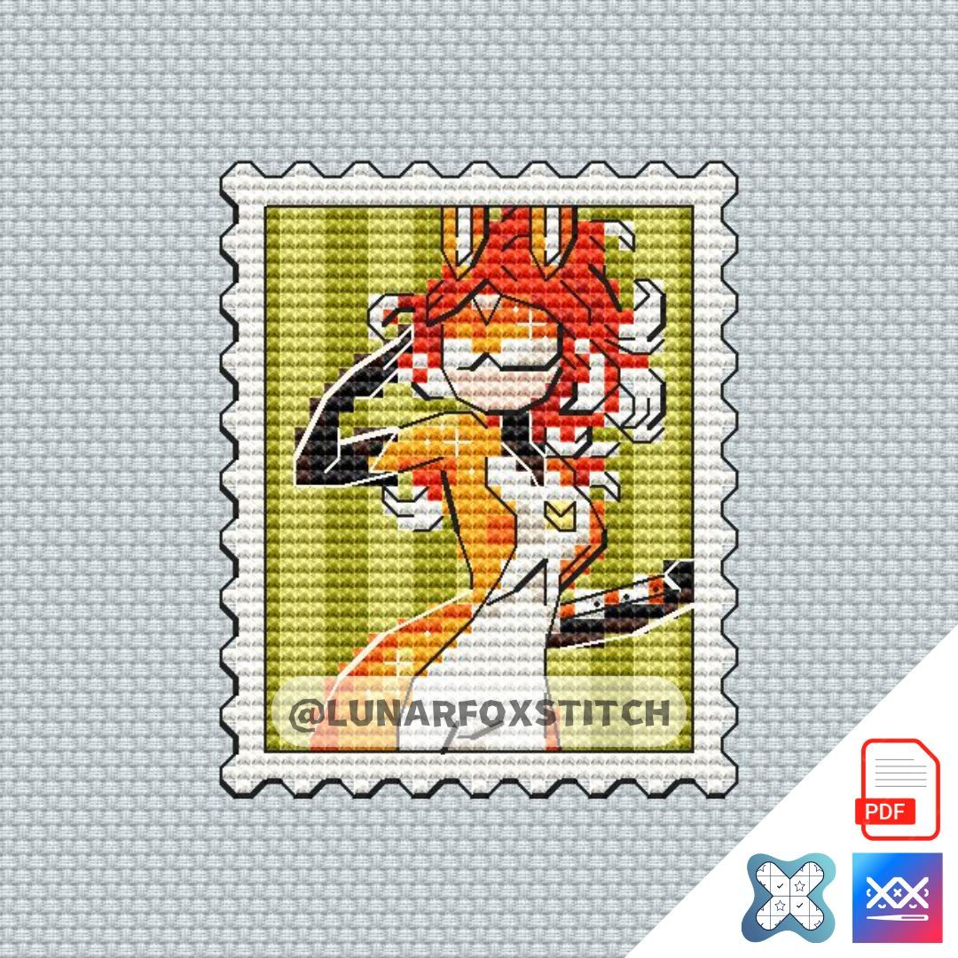 Fox girl mini postage stamp cross stitch pattern