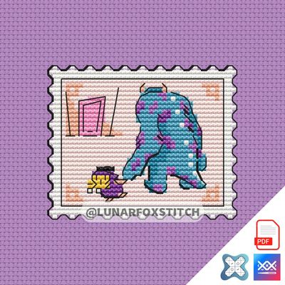Monster and girl mini postage stamp cross stitch pattern