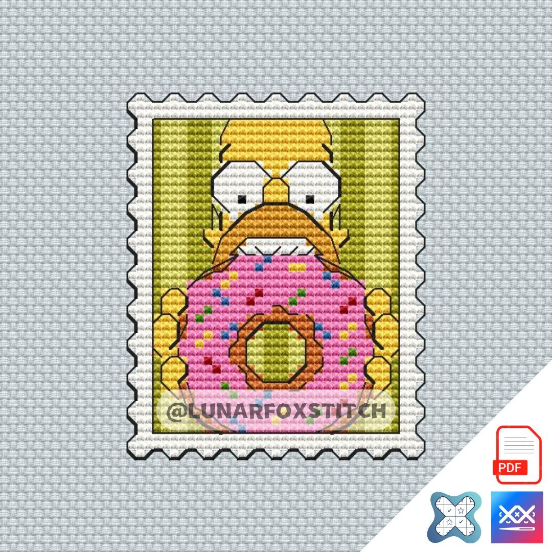 Yellow man with donut mini postage stamp cross stitch pattern