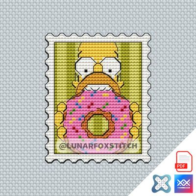 Yellow man with donut mini postage stamp cross stitch pattern