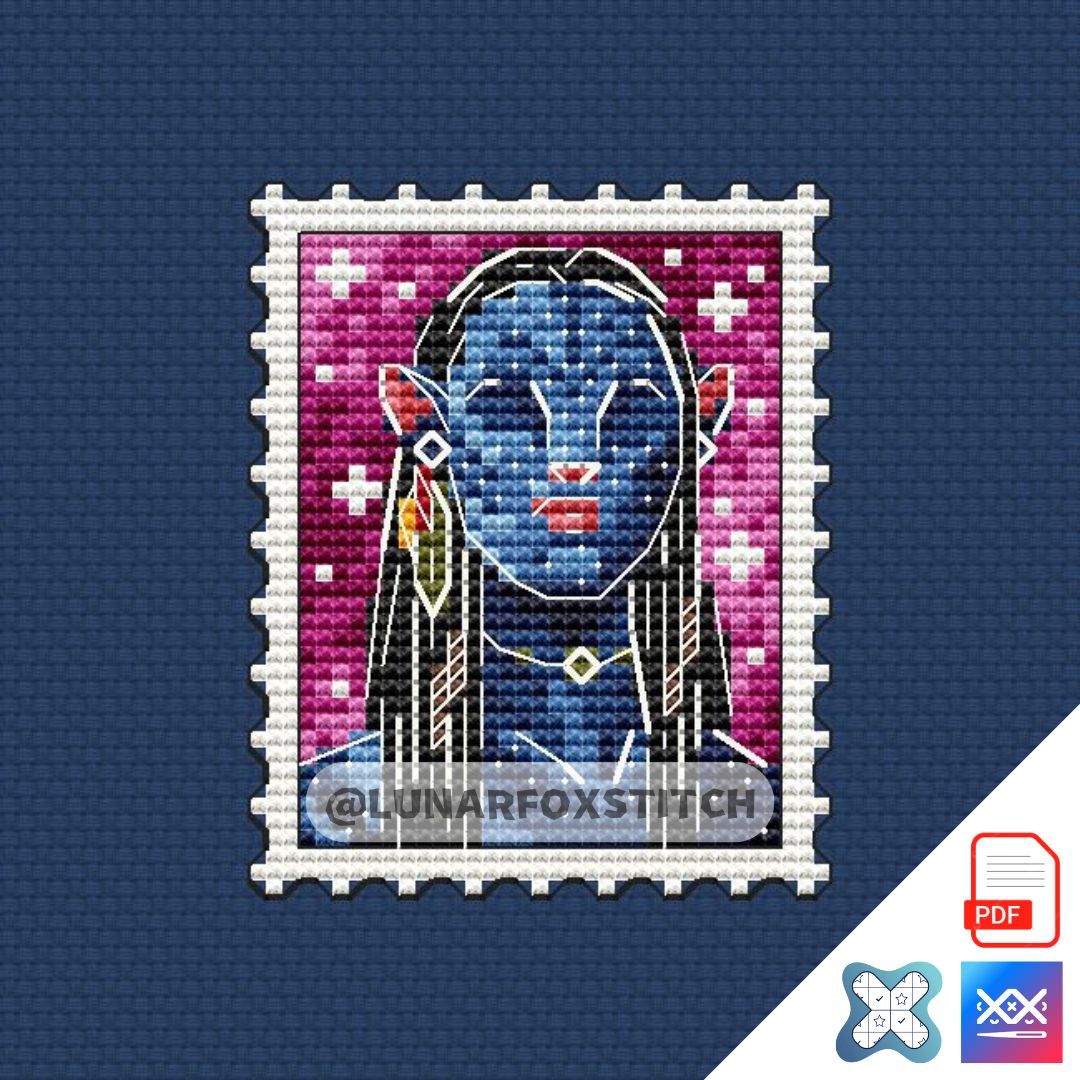 Blue girl mini postage stamp cross stitch pattern
