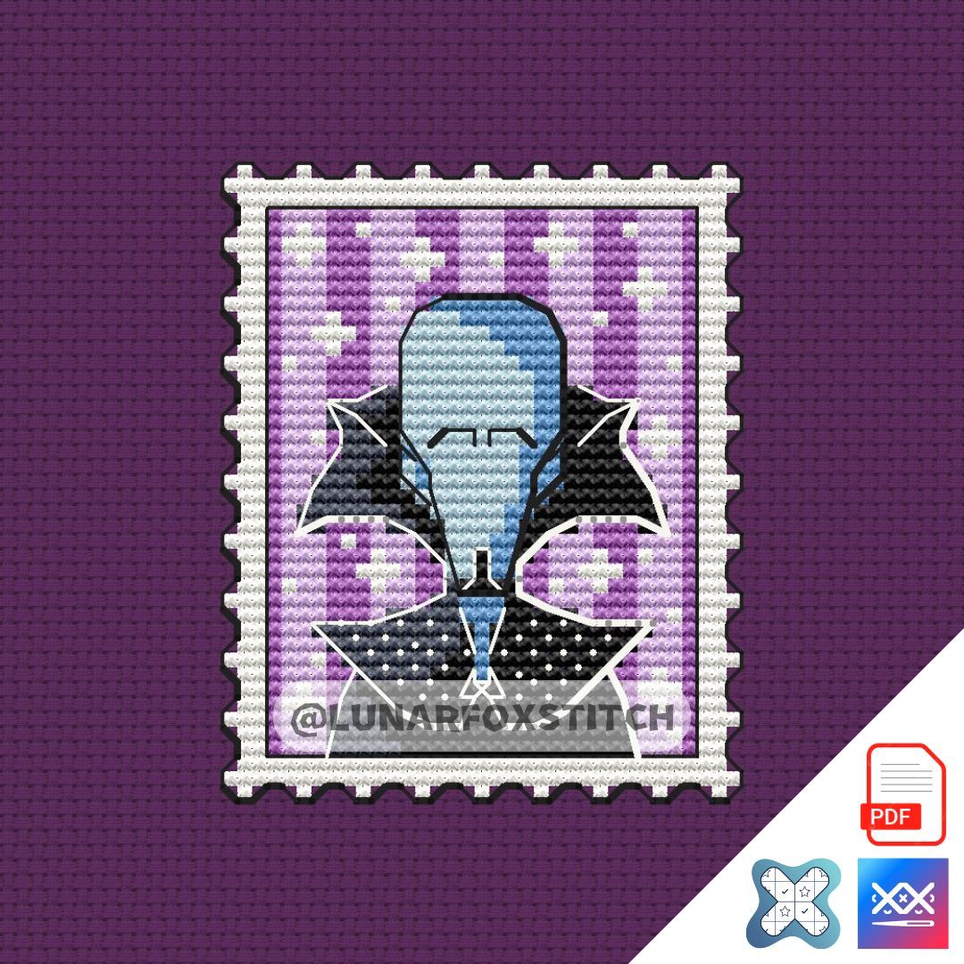 Blue villain mini postage stamp cross stitch pattern