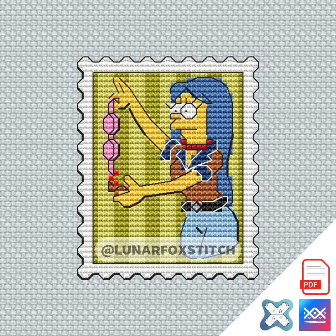 Yellow girl with blue hair mini postage stamp cross stitch pattern