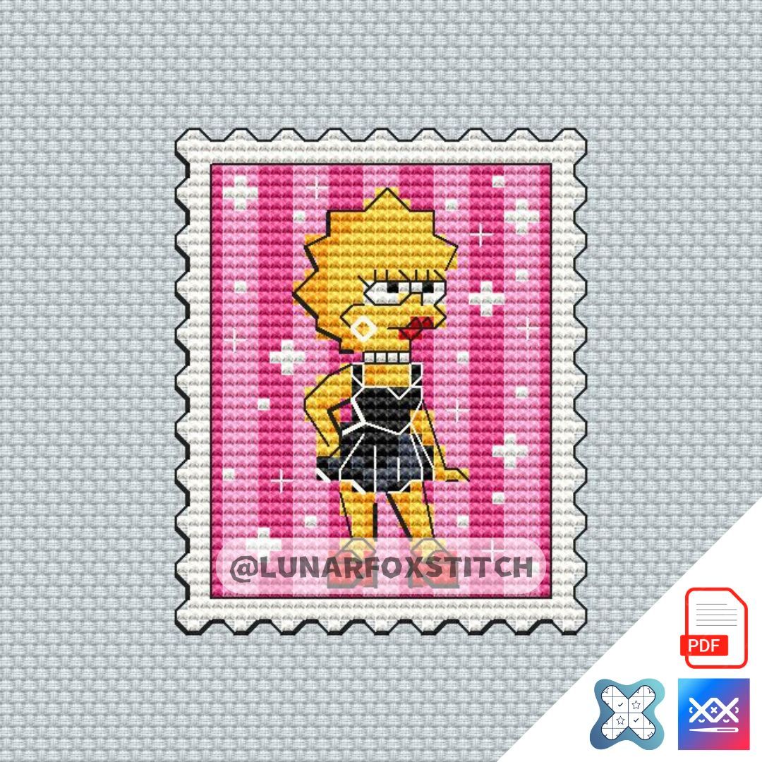 Yellow girl in black dress mini postage stamp cross stitch pattern