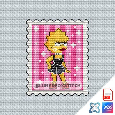 Yellow girl in black dress mini postage stamp cross stitch pattern