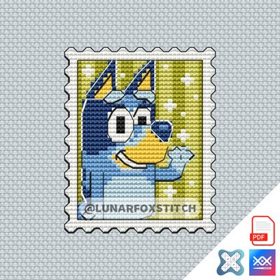 Blue dog mini postage stamp cross stitch pattern