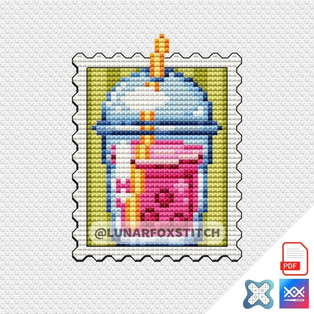 Strawberry Bubble Tea mini postage stamp cross stitch pattern