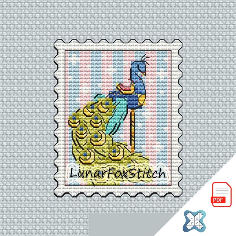 Peacock carousel mini postage stamp cross stitch pattern