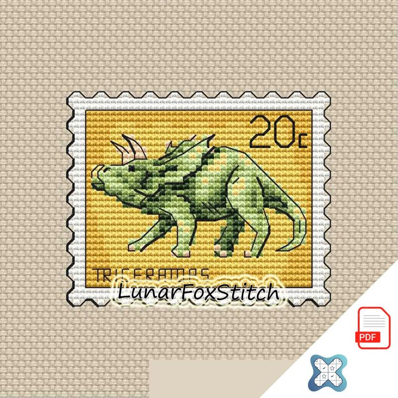 Triceratops mini postage stamp cross stitch pattern
