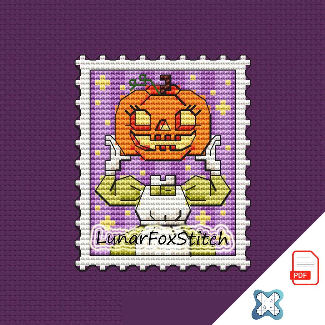 Pumpkin girl mini postage stamp cross stitch pattern