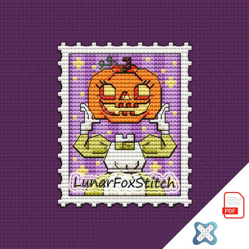 Pumpkin girl mini postage stamp cross stitch pattern
