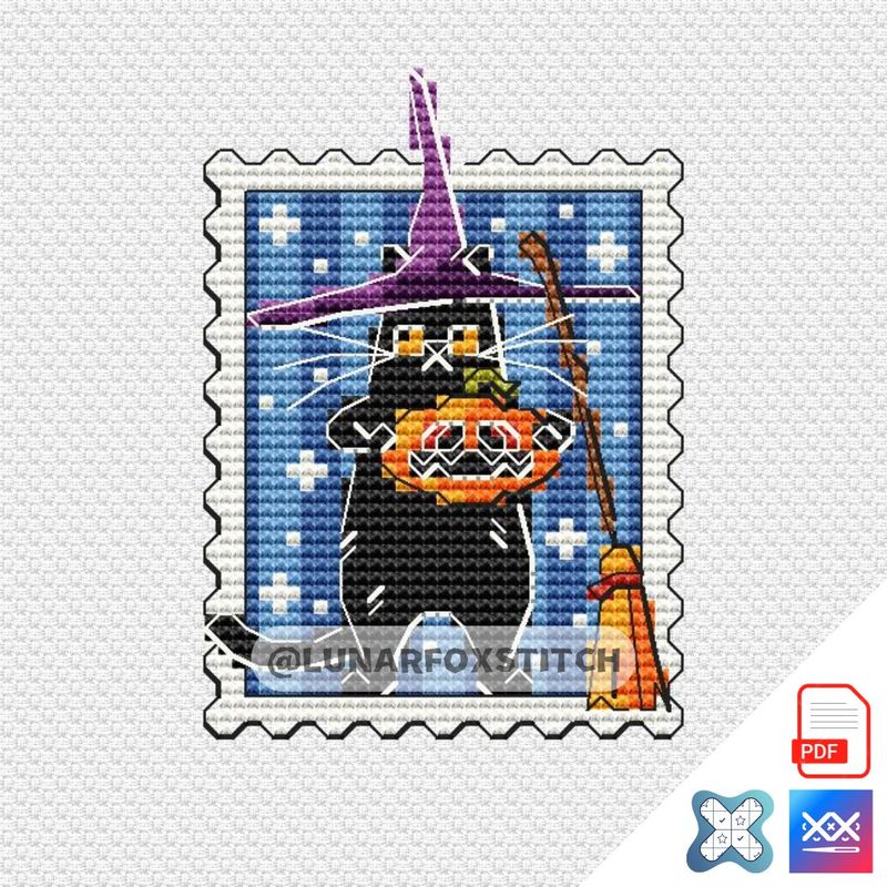 Wizard cat mini postage stamp cross stitch pattern